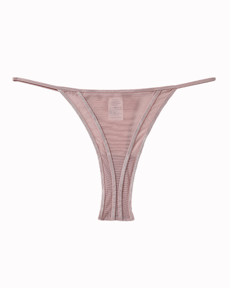 Sheer mesh thong panty in light pink, comfortable fit, perfect for everyday wear.