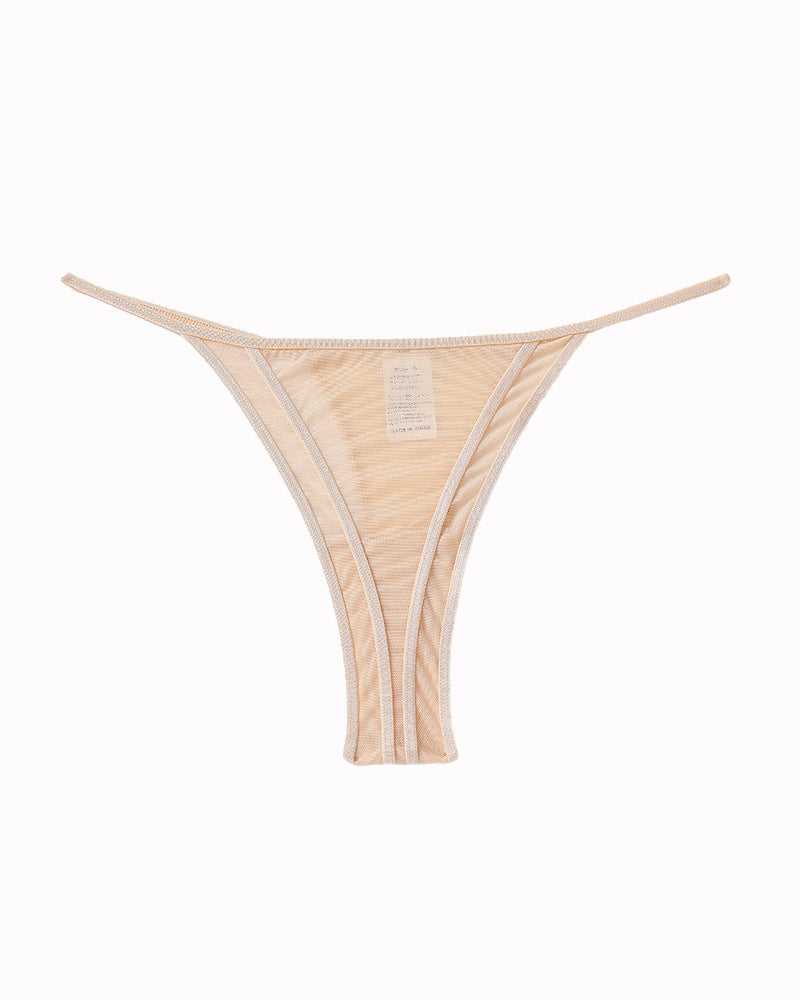 Beige sheer mesh thong panties, comfortable fit, ideal for everyday wear or special occasions.