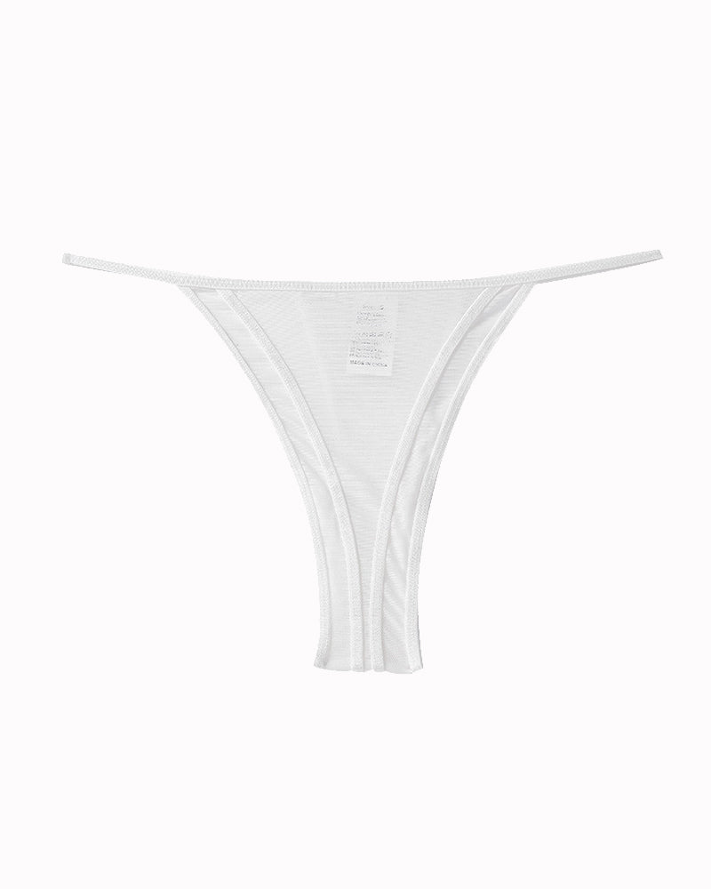 White sheer mesh thong panties, comfortable fit, ideal for everyday wear or special occasions.