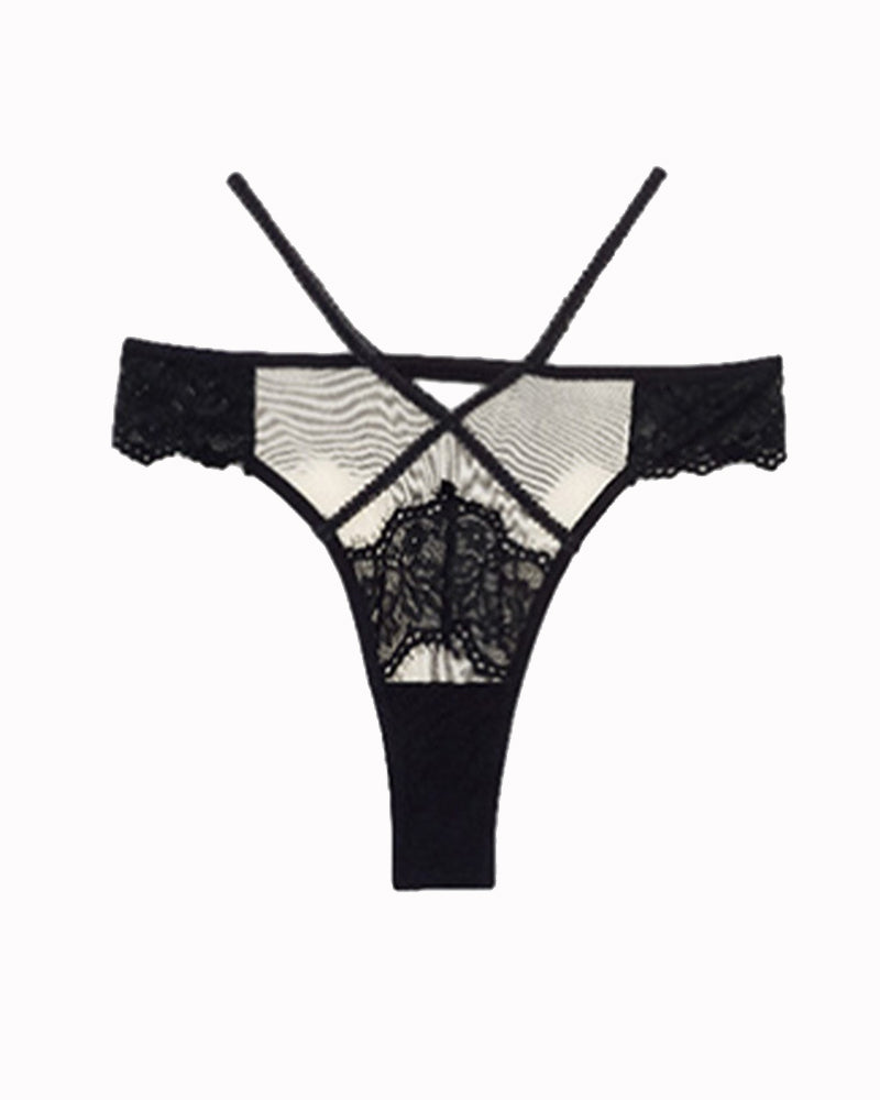 Black lace mid-rise panties with criss-cross design. High stretch, sexy lingerie.