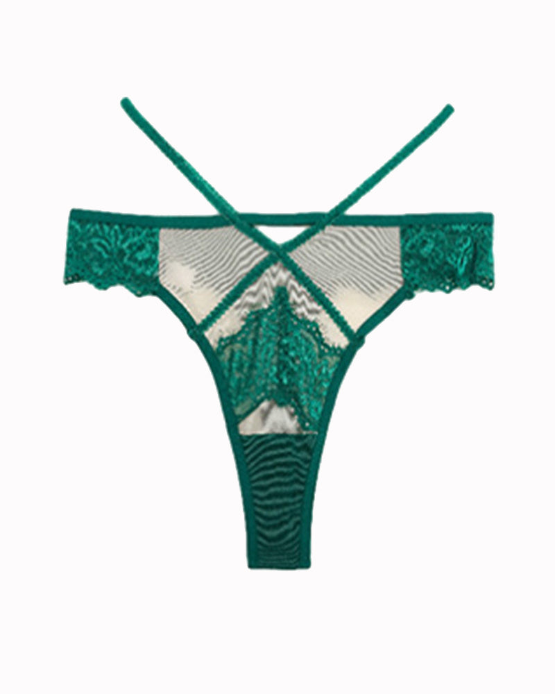 Green lace mid-rise criss-cross panties. High stretch, sexy lingerie with lace details.