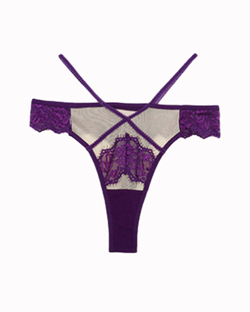 Purple lace mid-rise panties with criss-cross design. High stretch, sexy lingerie.