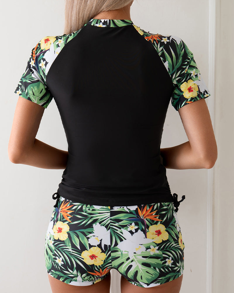 Bohemian tropical print top and shorts set, black top with floral sleeves and boxer shorts