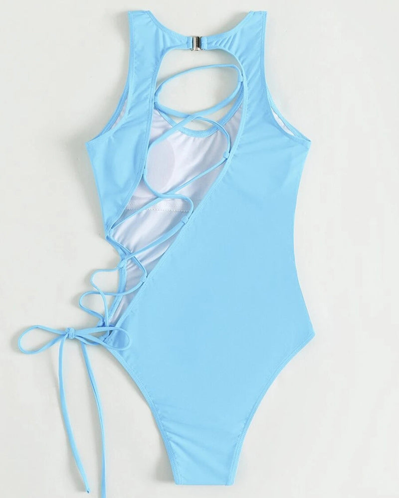 Light blue lace-up one-piece swimsuit with halter neck and side ties.