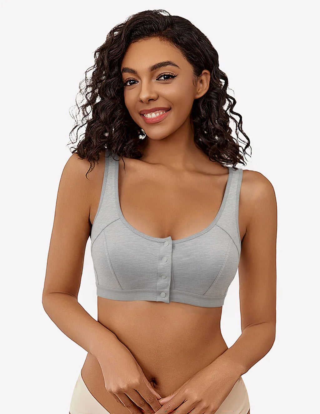 Gray front clasp non-wired bra, comfortable full cup design. Bamboo and spandex bra for women.