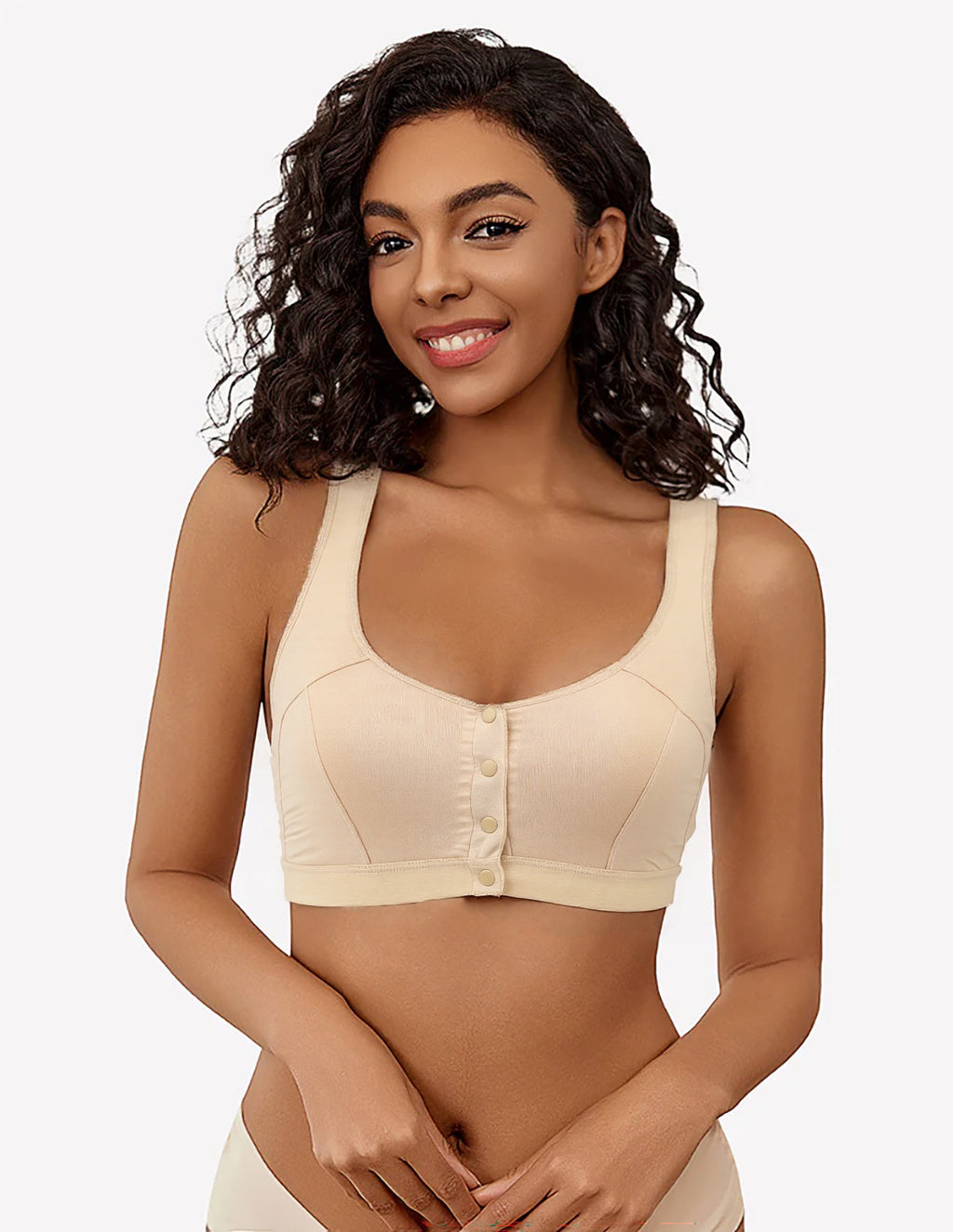Beige front clasp non-wired bra, full cup design. Bamboo and spandex bra for women, front closure.