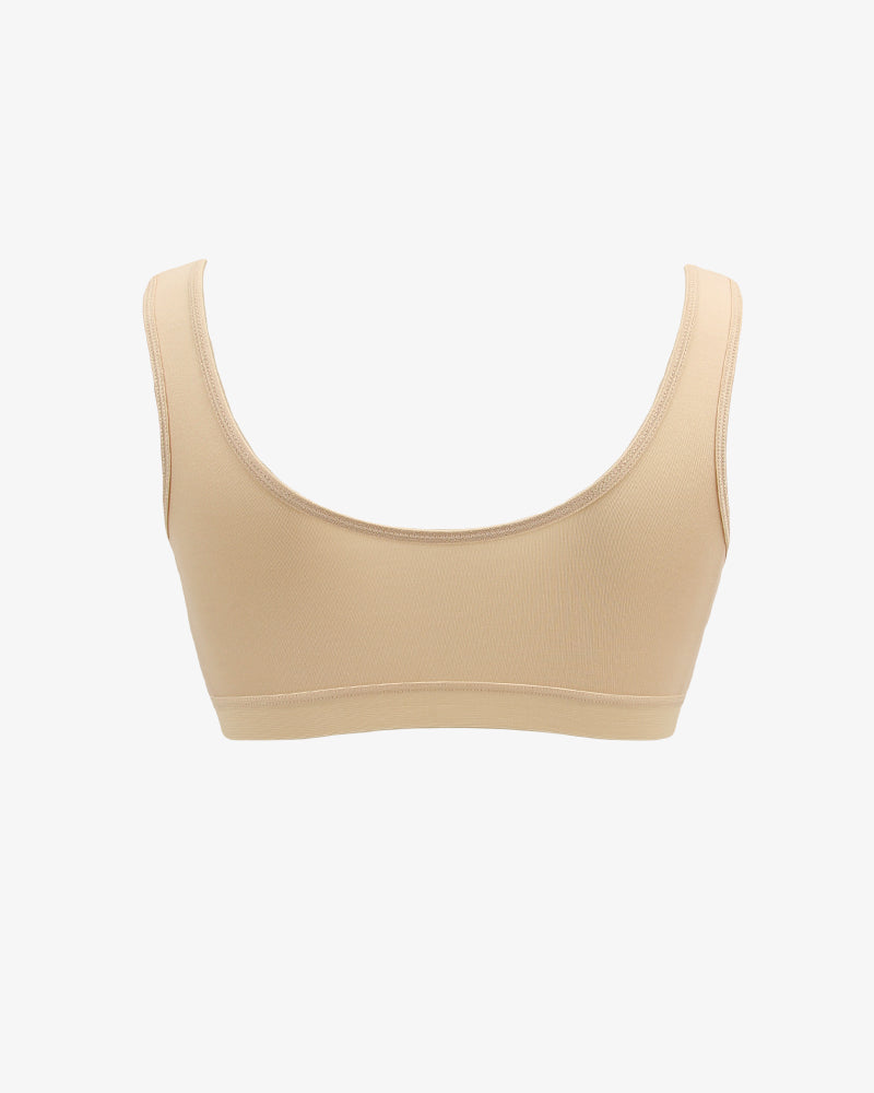 Beige front clasp non-wired bra, full cup design. Bamboo and spandex bra for women.