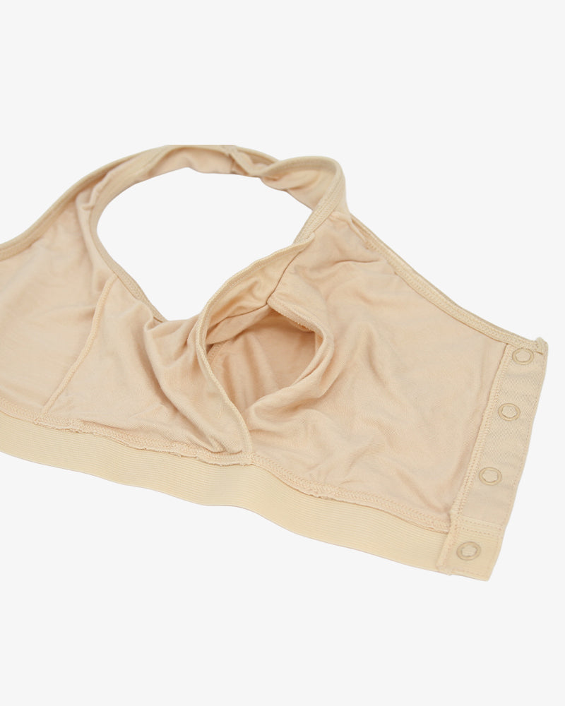 Beige front clasp non-wired bra, full cup design. Comfortable bamboo and spandex bra for women.