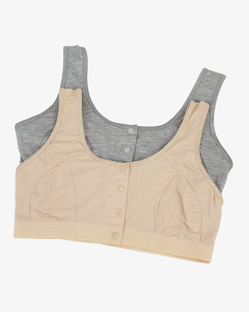 Front clasp non-wired bras in beige and gray. Full cup, bamboo and spandex.