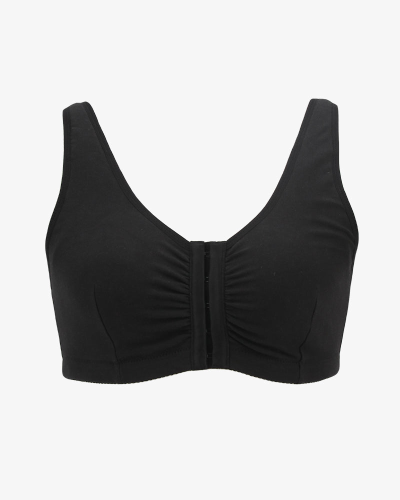 Black front clasp non-wired breathable bra, full cup, thin mold cup, fixed straps, front closure.