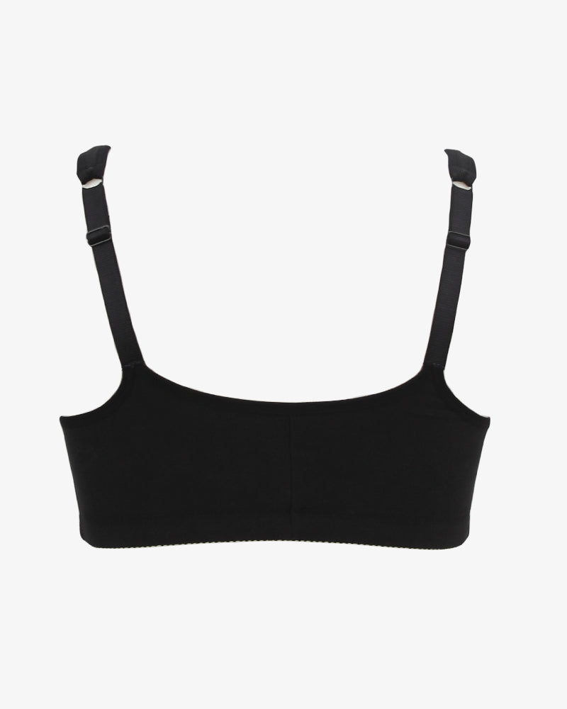 Black front clasp non-wired breathable bra with full cup, thin mold cup, and fixed straps