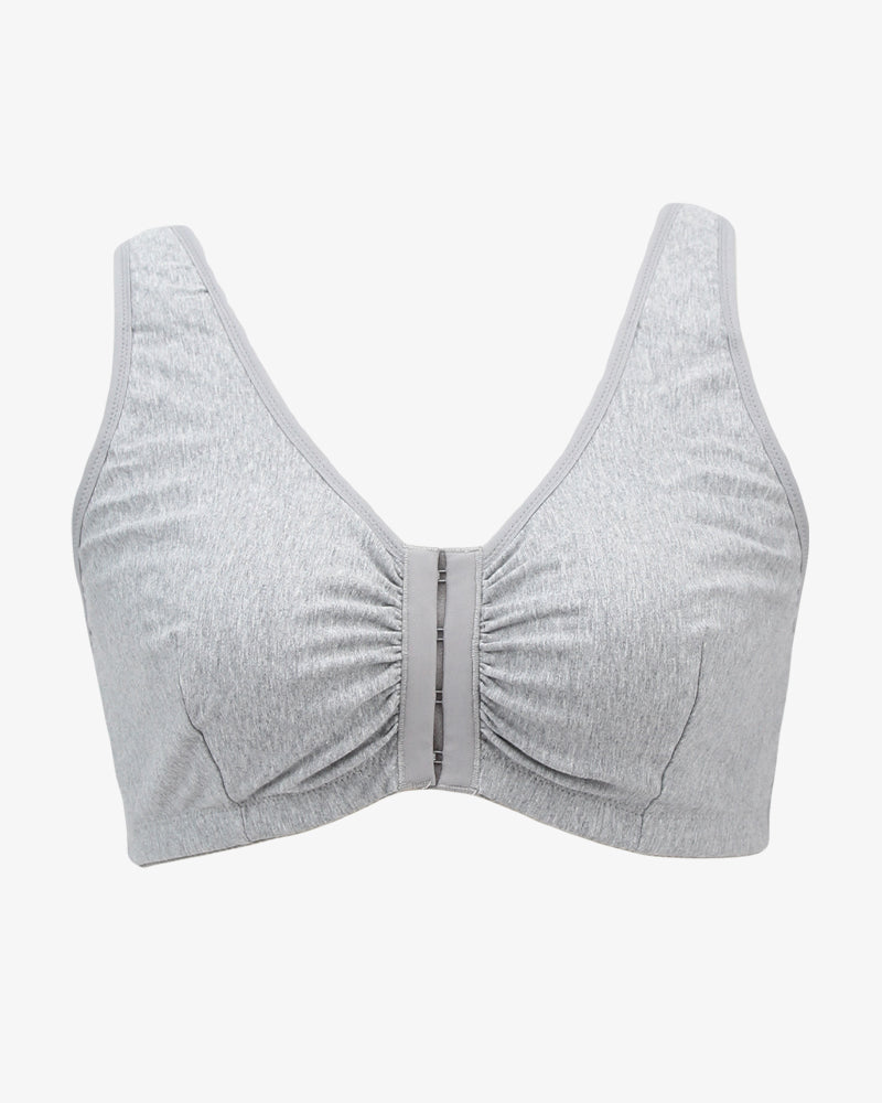 Gray front clasp non-wired breathable bra, full cup, thin mold cup, fixed straps.