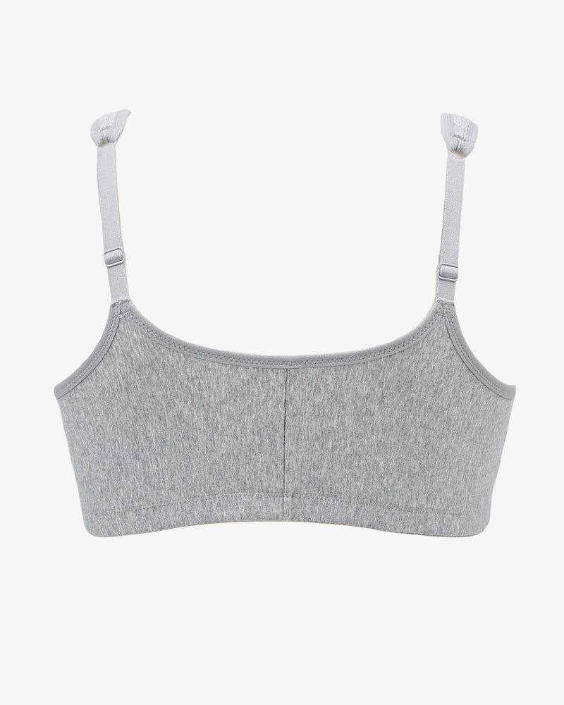Gray front clasp non-wired breathable bra with full cup and fixed straps, cotton blend