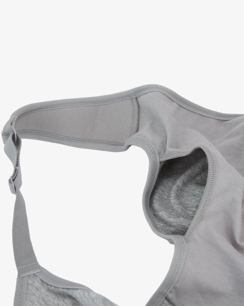 Gray front clasp non-wired breathable bra, full cup, thin mold cup, fixed straps, cotton blend
