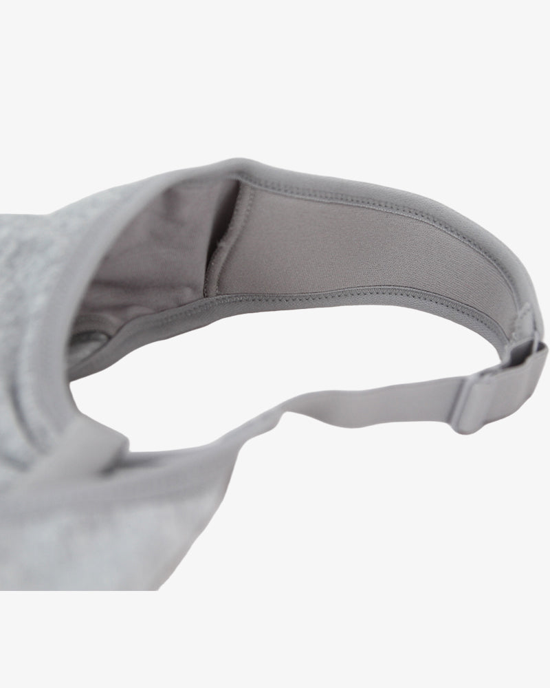 Gray front clasp non-wired breathable bra detail, thin mold cup, fixed strap, cotton blend