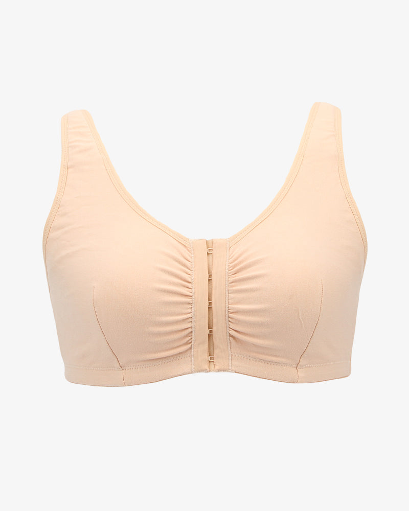 Beige front clasp non-wired breathable bra, full cup, thin mold cup, fixed straps, cotton blend.