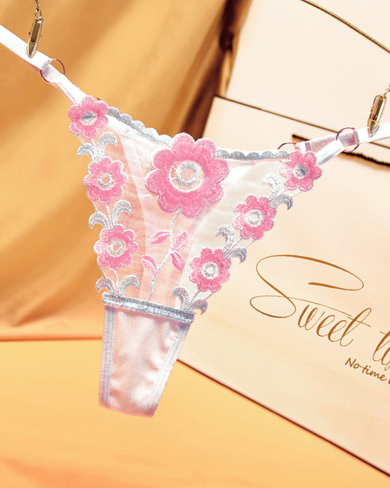 Pink floral embroidered low waist thong panties. Sexy low waist lingerie with floral design.