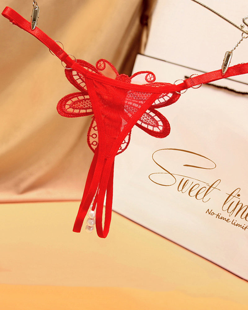 Red butterfly embroidered crotchless thong with pearl accents, low waist lingerie, Sweet time