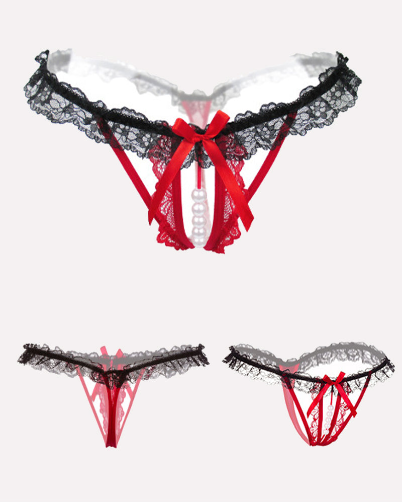 Black and red lace low-rise thong panties with pearl details, perfect sexy lingerie for women.