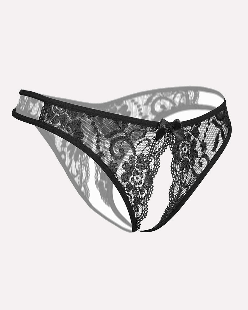 Black lace open-cut panties with floral lace, low-rise, and bow detail for a sexy look.