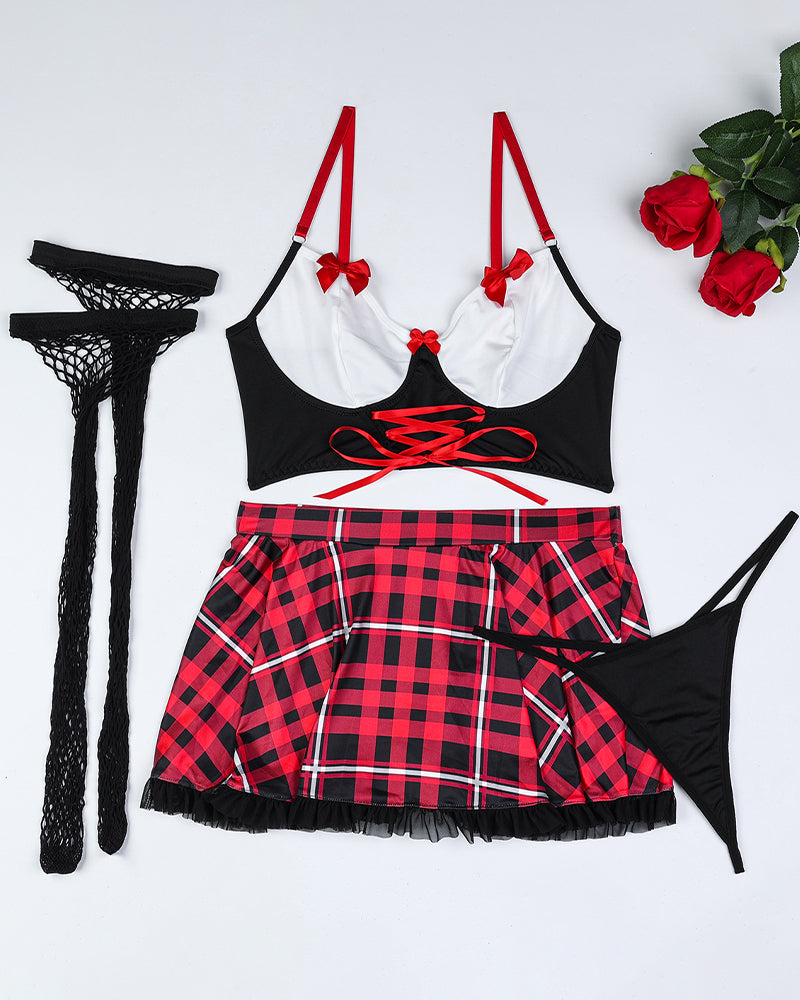 Red Plaid Lingerie Set: Black bra, red plaid skirt, fishnet stockings. Sexy uniform style.