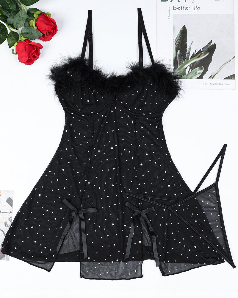 Diamond see-through mini dress with feather trim and sparkling details, sexy lingerie set