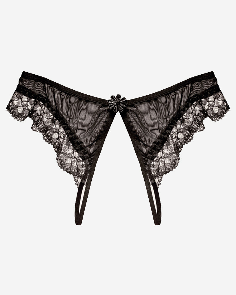 Black lace crotchless thong with floral design, low waist, and sheer material
