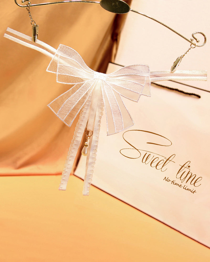 White lace bowknot crotchless thong with pearl pendant, perfect for a sweet time.