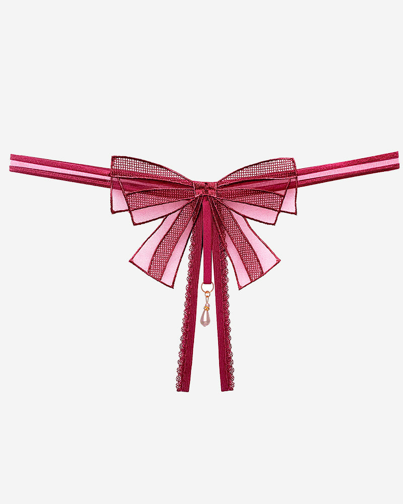 Burgundy lace bowknot crotchless thong with pearl pendant. Low rise, floral pattern, sexy lingerie.