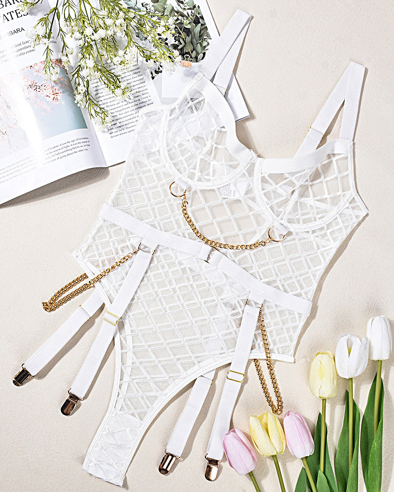 White mesh suspender chain jumpsuit with gold chain details, perfect for special occasions