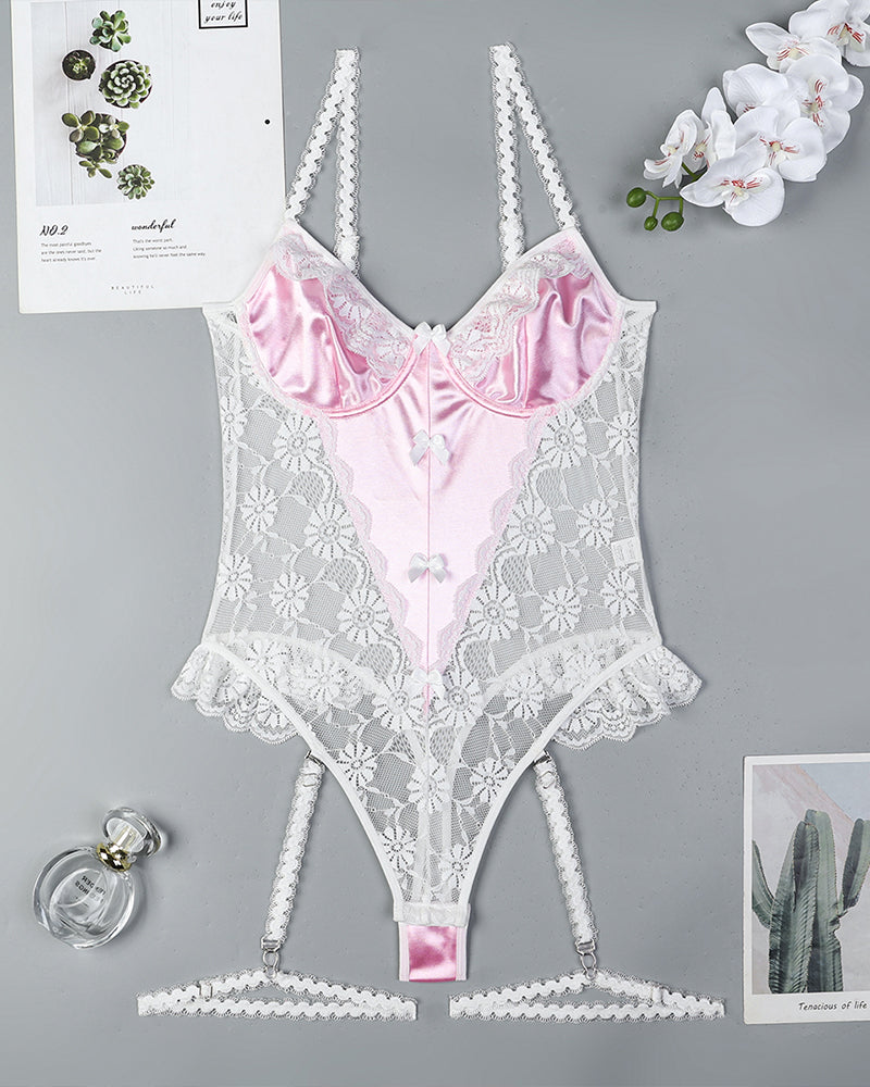 Pink lace mesh bodysuit with garter straps, half-cup bra design, and bow details.
