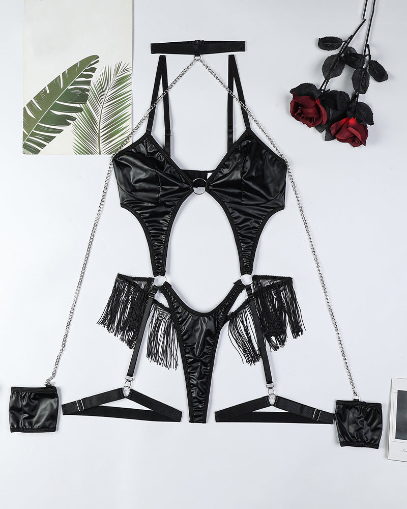 Black leather chain and fringe bodysuit lingerie set, sexy and confident style