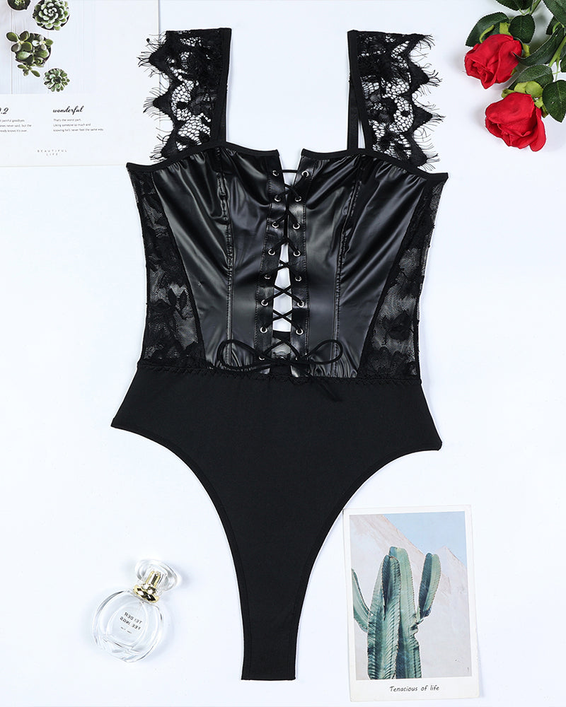 Black leather and lace camisole bodysuit with lace-up front and lace details, perfect for lingerie
