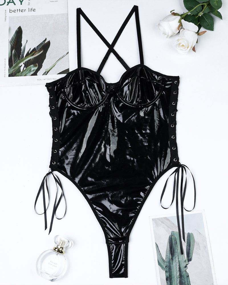 Black leather lace-up camisole bodysuit, sexy lingerie with low back and lace-up details