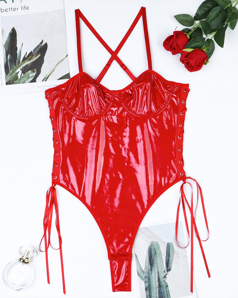 Red leather lace-up camisole bodysuit, sexy lingerie for women, game wear style