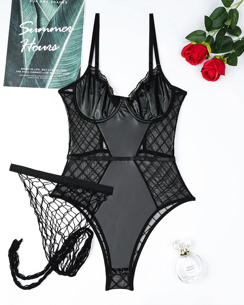Black mesh and leather camisole bodysuit with lace trim and fishnet stockings, sexy lingerie