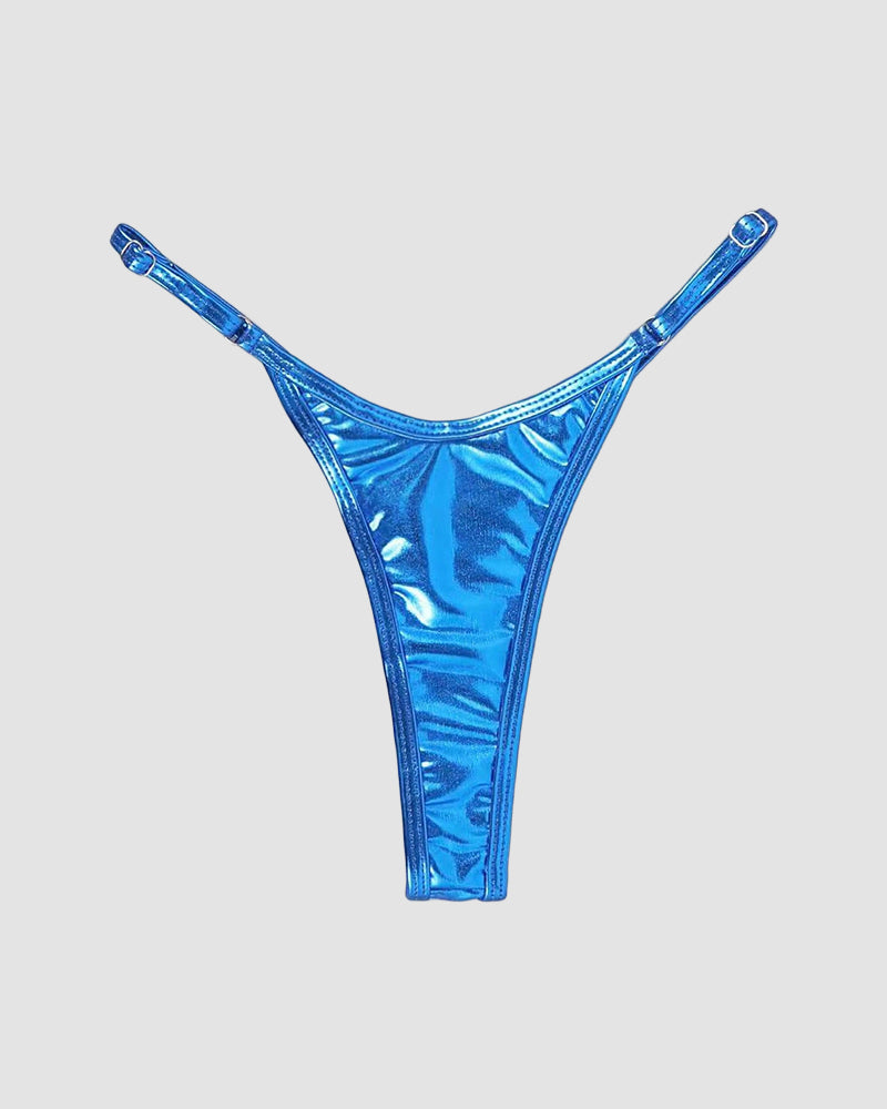 Blue strappy leather thong with adjustable straps. Comfortable fit, perfect for special occasions.
