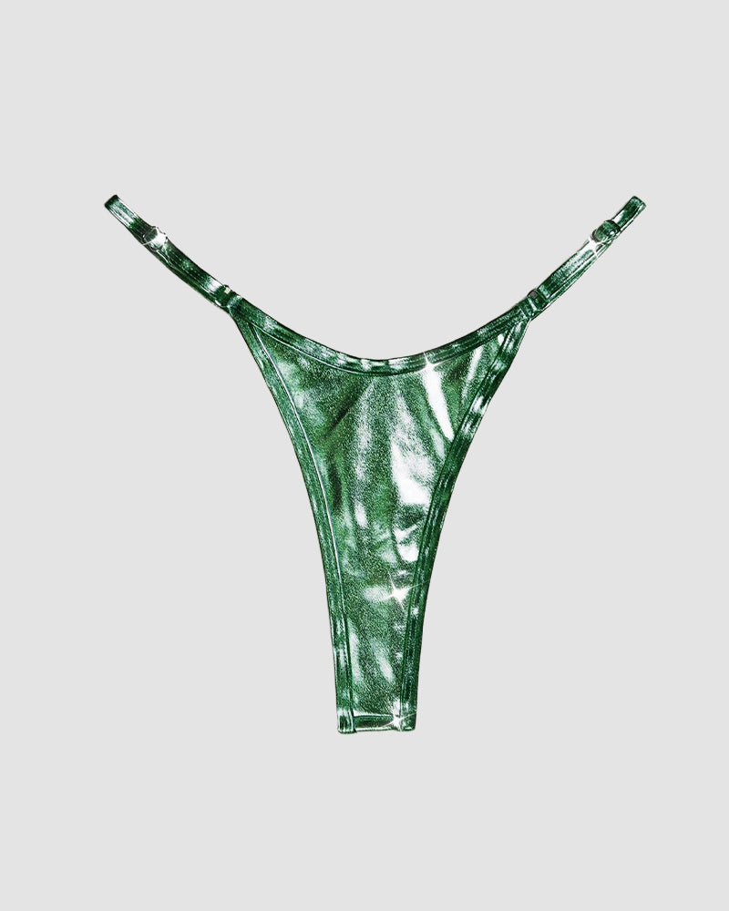 Green strappy leather thong with adjustable straps, perfect for special occasions. Comfortable fit.
