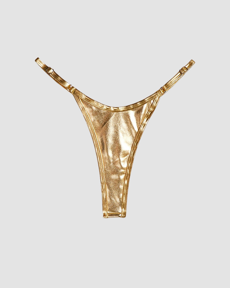Gold strappy leather thong with adjustable straps. Comfortable fit, perfect for special occasions.