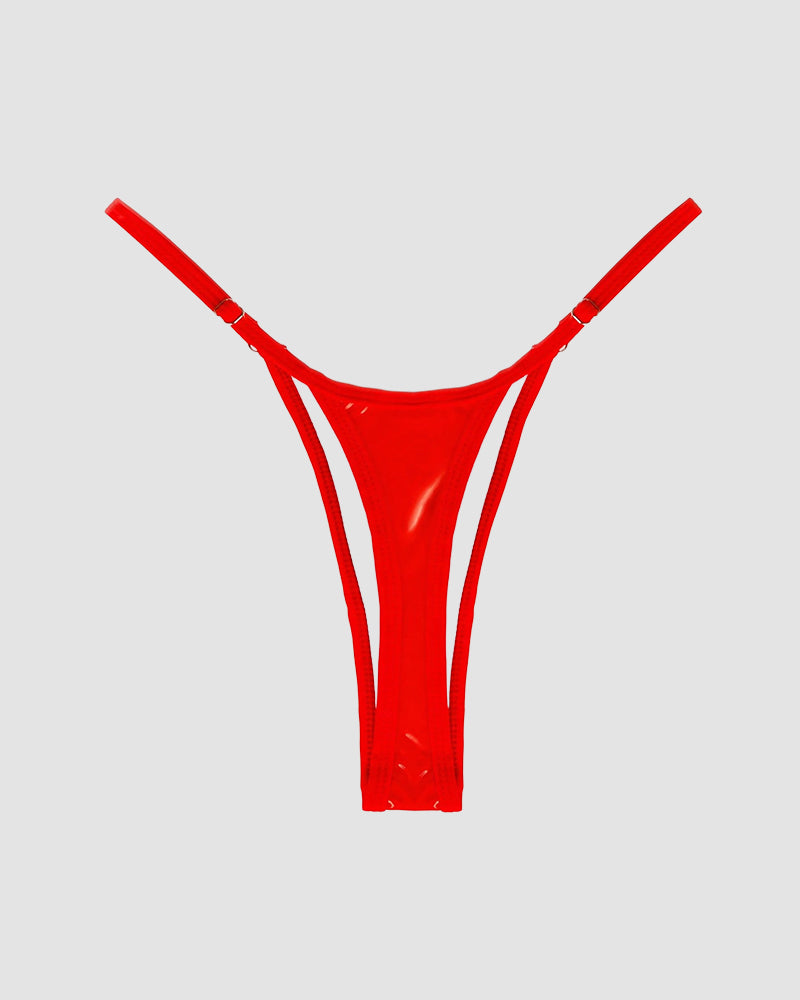 Red strappy leather thong with adjustable straps. Perfect for special occasions, comfortable fit.