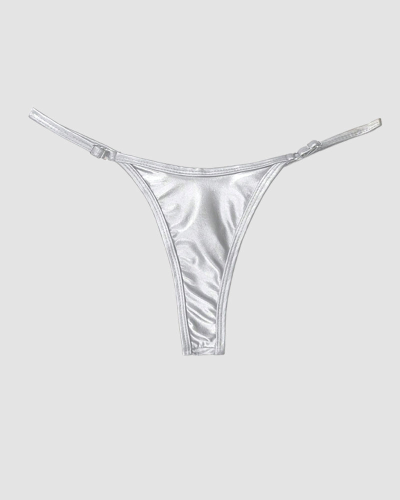 Silver strappy leather thong with adjustable straps for special occasions. Comfortable fit.