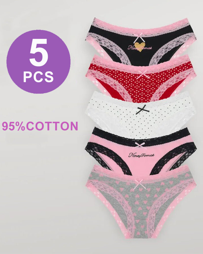 Avidlove 5-piece low waist cotton panties set with lace trim and various patterns.
