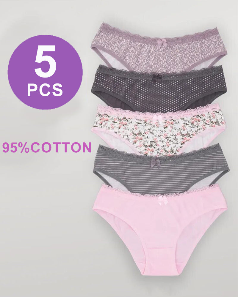 Lace Cheeky Hipster Panties set of 5, cotton, floral, polka dot, and striped patterns