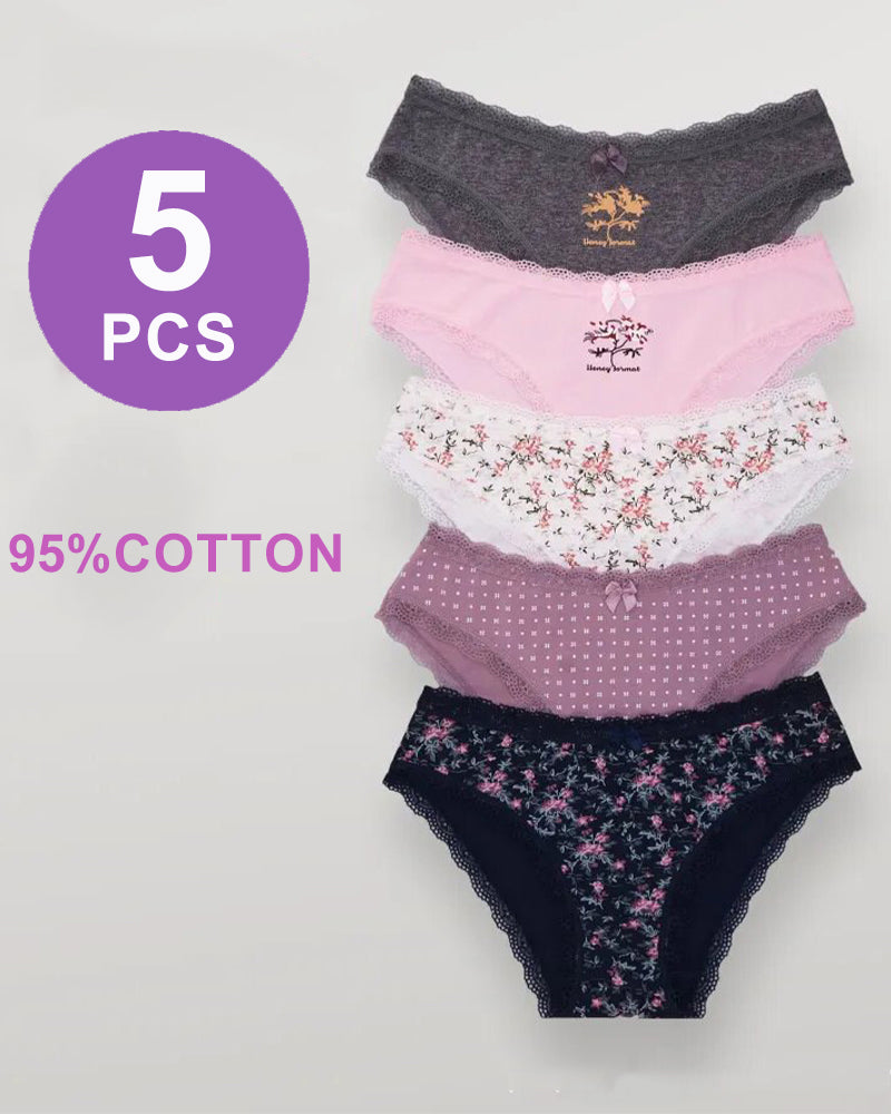 5-piece low waist cotton panties set with assorted floral and polka dot patterns and lace trim.