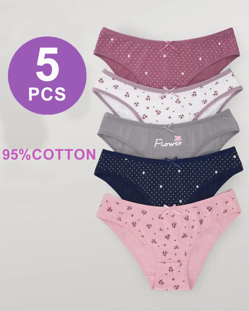 Five-pack low waist cotton panties, floral and polka dot patterns, breathable and comfortable.