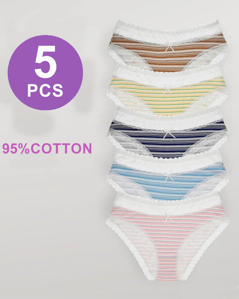5-piece set of striped cotton panties with lace trim in assorted colors, perfect for everyday wear.