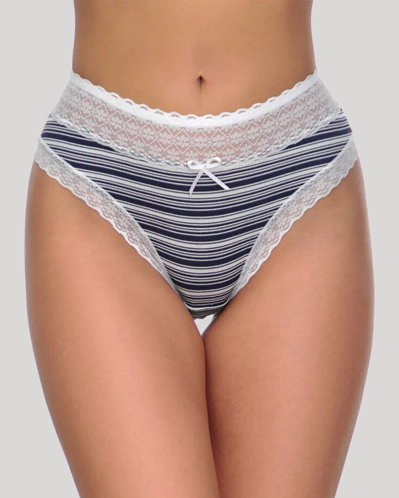 Striped cotton panties with lace trim in navy and white, low waist, perfect for everyday wear.