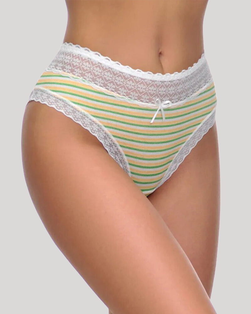 Low-waist striped cotton panties with lace trim in yellow and green, perfect for everyday wear.