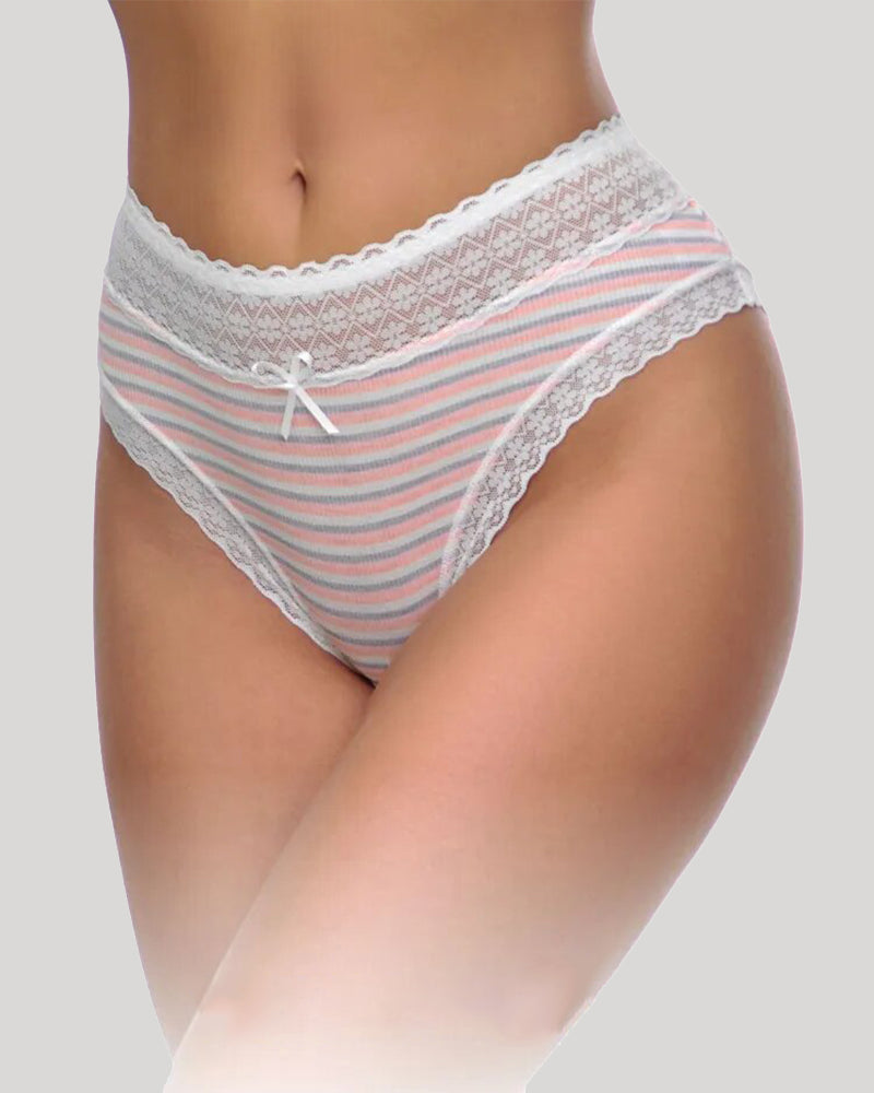 Low-waist striped cotton panties with lace trim in pink and gray, perfect for everyday wear.