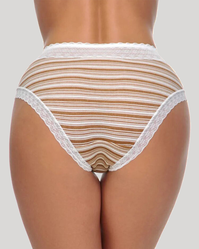 Low-waist striped cotton panties with lace trim in brown and white, perfect for everyday wear.